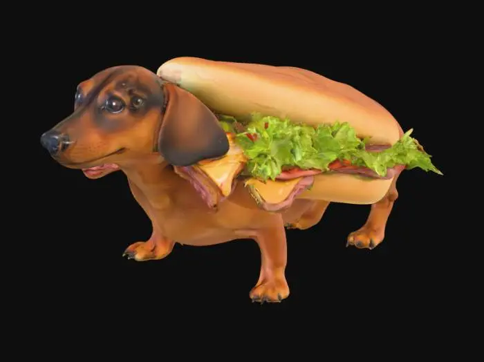3D model for #food# Generate a dog of the breed
dachshund as if it was a subway sandwhich, keep the feet, tail and head realistic, but make the main torso into the sandwhich.