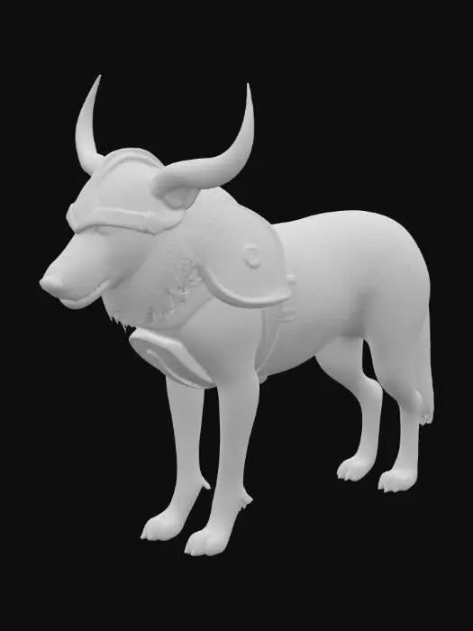 3D model for Make a dog of the Norwegian breed Norskskogshund as if it was a wiviking dog wearing a viking helmet with horns and some steel armour, make it realistic with a entriging colour palate taht's realistic and consistent. Make it dog like in body compisistion, proportions and size, aswell as look.