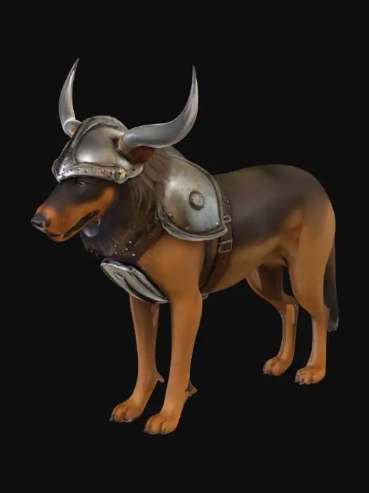 3D model for Make a dog of the Norwegian breed Norskskogshund as if it was a wiviking dog wearing a viking helmet with horns and some steel armour, make it realistic with a entriging colour palate taht's realistic and consistent. Make it dog like in body compisistion, proportions and size, aswell as look.