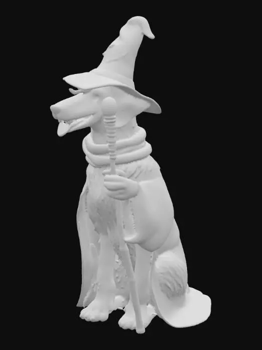 3D model for Make a dog as if it was a wizard, keep it realistic in terms of the dogs anatomy, proprtions and natural pose of a real dog. Include things like a magical staff or a pointy wizards hat which is a common theme.