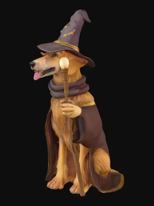 3D model for Make a dog as if it was a wizard, keep it realistic in terms of the dogs anatomy, proprtions and natural pose of a real dog. Include things like a magical staff or a pointy wizards hat which is a common theme.