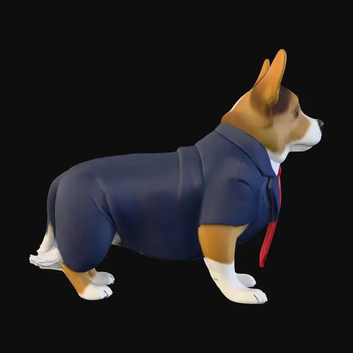 3D model for Make a corgi dog as if it was a politican. Make it wear a dark blue suit with a nice under shirt and tie. Keep it detailed realistic, polished and cute. Also make sure it doesn't have to humanoid like features or arms, reminder that you should keep the body compisition and proportions to that of a dog, not a human. The only part that has to be out of the ordinary for a dog, is the suit and tie it wears, apart from that it needs to be a normal corgi.