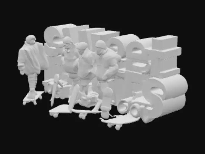 3D model for Группа людей со скейтами, у кого то он сломан, у кого то сильно искатан. Локация в России, городе Ярославль на «стрелке»
Они стоят на фоне больших однотонных 3д букв из которых складывается «сладкие попки на каждый день»
На фоне всего этого пролетает метеорит, видно разорванный озоновый слой