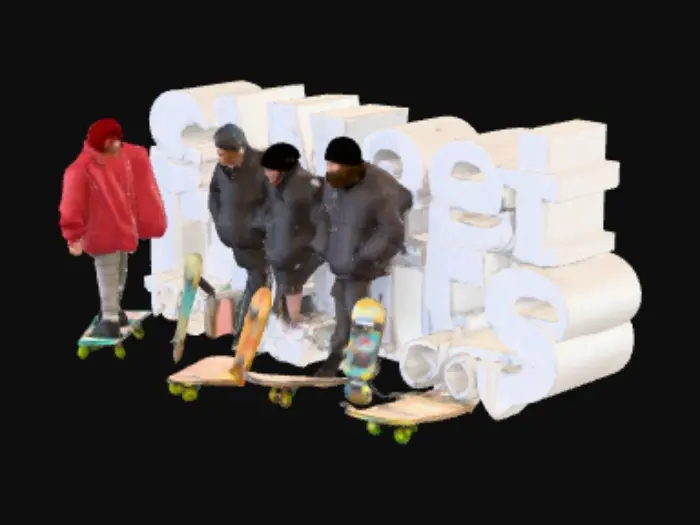 3D model for Группа людей со скейтами, у кого то он сломан, у кого то сильно искатан. Локация в России, городе Ярославль на «стрелке»
Они стоят на фоне больших однотонных 3д букв из которых складывается «сладкие попки на каждый день»
На фоне всего этого пролетает метеорит, видно разорванный озоновый слой