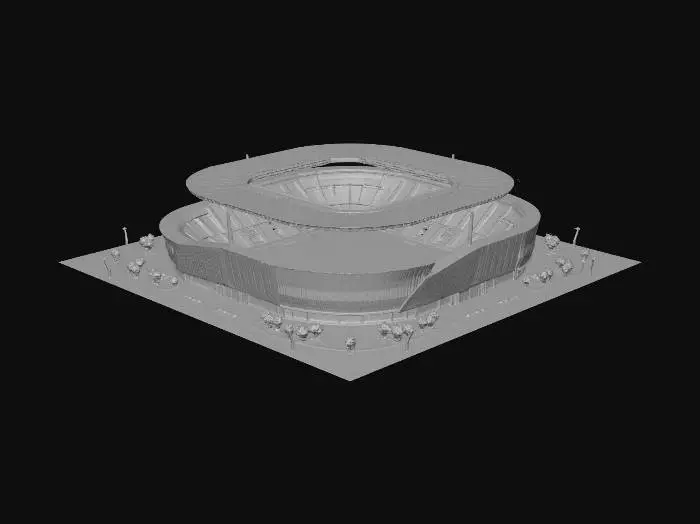 3D model for a very modern multi use stadium that you can play soccer, baseball, monster trucks, and football i need it to have bathrooms and solar panels and i need it to say dinoco stadium on the top.