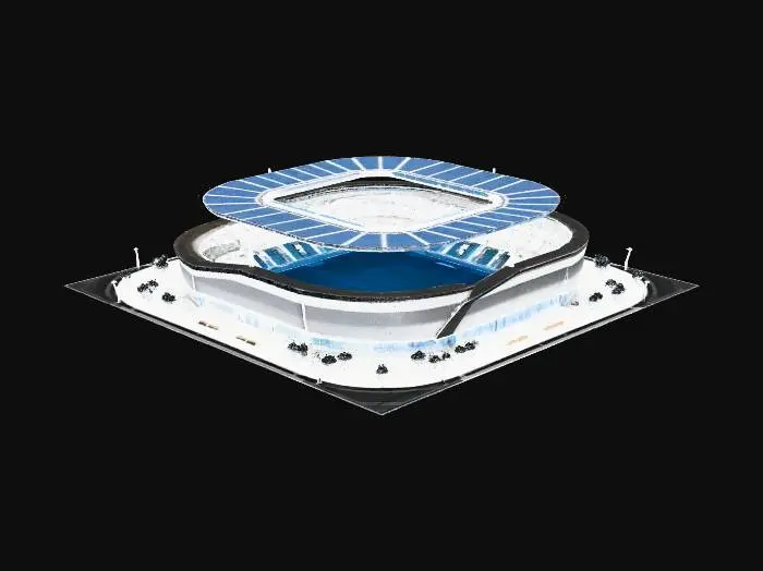 3D model for a very modern multi use stadium that you can play soccer, baseball, monster trucks, and football i need it to have bathrooms and solar panels and i need it to say dinoco stadium on the top.