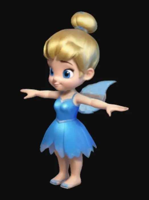 3D model for A Tinkerbell style disney princess in blue dress in Nintendo style graphics like Mario. Character to stand in T-Pose. High quality. No imperfections. Ready for animation for video game.