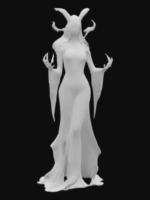 3D model for A towering statue of a female Drow cleric of Lolth, sculpted from radiant bixbite crystal in deep crimson-pink hues, with the perfect, divine figure of a Miss World—graceful, curvaceous, and hauntingly elegant. Her long, slender arms end in bony claws, posed mid-attack, draped in a semi-transparent, obsidian-trimmed robe with spiderweb patterns that flows like smoke around her flawless body. Her face is a terrifying blend of beauty and malice—sharp cheekbones, glowing white eyes, full lips curled in a sinister smile, framed by flowing silver-white hair entangled with bones and silk. Set in a shadowy temple glowing with violet runes, she radiates divine darkness, power, and deadly allure. Hyper-realistic, high-resolution, cinematic dark fantasy art.