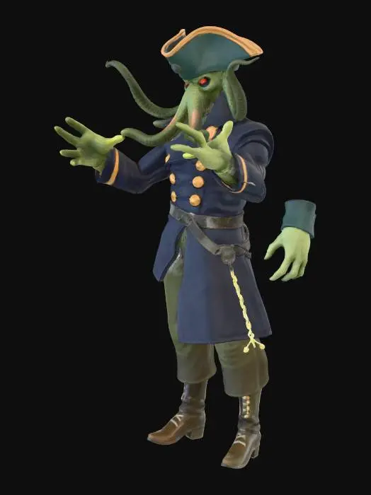 3D model for A T-pose model of a formidable humanoid Cthulhu captain. Its muscular human torso and legs, clad in a rich, dark pirate uniform with brass buttons and gold trim, are rigidly outstretched. The head features green, scaly skin, multiple tentacles, and glowing red angry eyes beneath a weathered tricorn hat. The texture blends rough fabric, smooth metal, and slimy, segmented skin, creating a menacing, powerful presence.