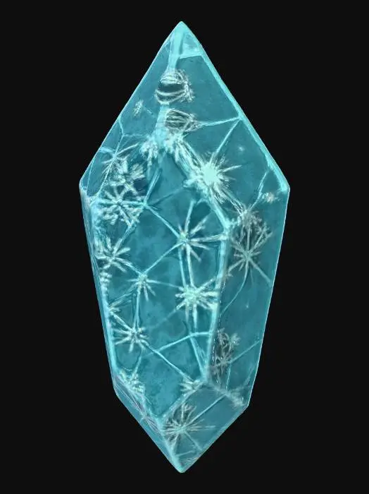 3D model for Stylized fantasy ice crystal shard, not realistic, with smooth low-poly geometry, bright frosted-blue color, soft subsurface glow, gentle inner light veins, slightly translucent edges, hand-painted texture feel, no background, clean silhouette, centered, suitable as game asset for tower defense, magical frost theme, consistent shape and volume, elegant and visually readable.