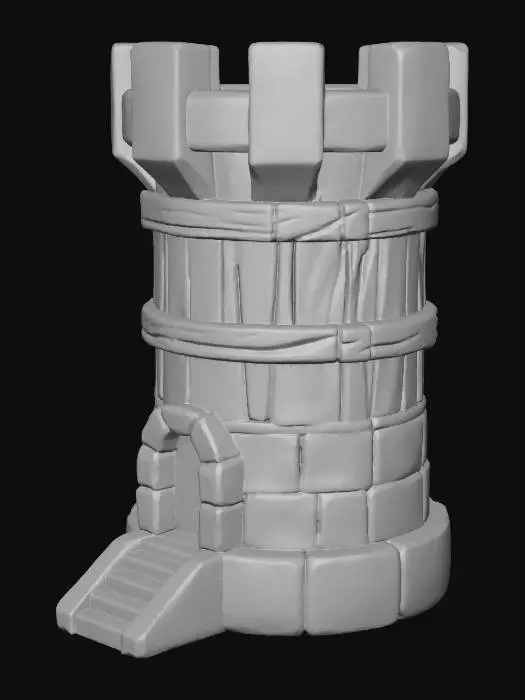 3D model for a stylized medieval fantasy tower in a smooth “semi-low-poly” style, similar to stylized fantasy mobile-game assets. The tower should have a stone-block structure with slightly rounded edges, soft shading, and a hand-sculpted feel. Include a small stone staircase leading to an arched entrance, a wooden decorative mid-band around the tower, and a fortified top platform surrounded by short stone battlements. No weapon or ballista on top — leave the top surface flat and prepared for modular weapon attachments. Use friendly color tones: light gray stone, warm wooden planks, subtle edge wear, mild ambient occlusion, no harsh realism, no grime or dirt. The tower should look functional, sturdy, elegant, expressive, readable from afar, and consistent with fantasy tower-defense game aesthetics.