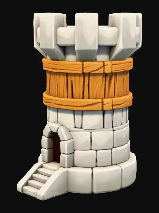 3D model for a stylized medieval fantasy tower in a smooth “semi-low-poly” style, similar to stylized fantasy mobile-game assets. The tower should have a stone-block structure with slightly rounded edges, soft shading, and a hand-sculpted feel. Include a small stone staircase leading to an arched entrance, a wooden decorative mid-band around the tower, and a fortified top platform surrounded by short stone battlements. No weapon or ballista on top — leave the top surface flat and prepared for modular weapon attachments. Use friendly color tones: light gray stone, warm wooden planks, subtle edge wear, mild ambient occlusion, no harsh realism, no grime or dirt. The tower should look functional, sturdy, elegant, expressive, readable from afar, and consistent with fantasy tower-defense game aesthetics.