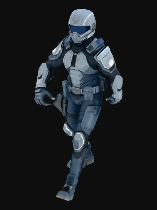 3D model for A sci-fi soldier in a tight-fitting dark blue suit, topped with armor covering his chest, shoulders, elbows, and knees. He wears a helmet with a visor at eye level.