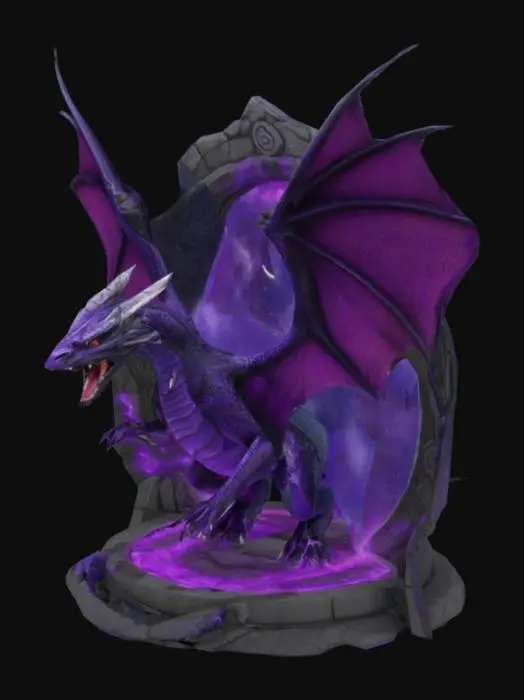 3D model for a portal laying on the ground, a black purple dragon climbing out, only half of it body can be seen coming out of the portal,its two wings are spread out a, its to front claws are on the portal, the dragon is roaring