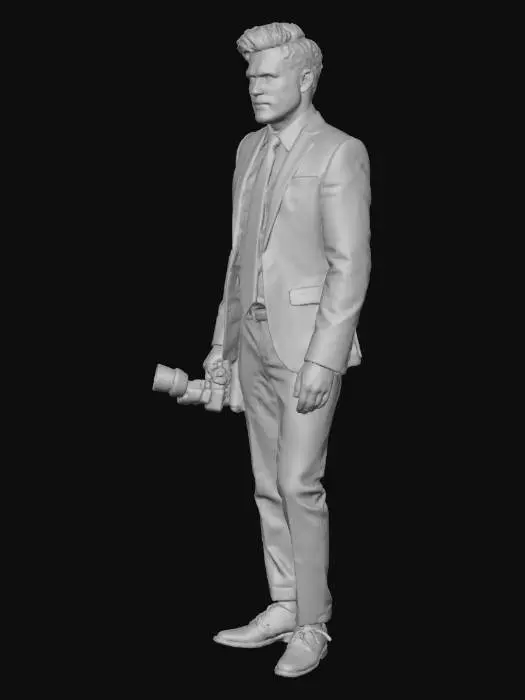 3D model for A stylish professional photographer taking a photo. He is dressed entirely in black: black tailored suit, black shirt, black tie, black leather shoes. He holds a sleek black DSLR camera up to his eye as if capturing a shot. His pose is confident and focused, with one knee slightly bent, body leaning forward. The overall look is modern, minimalist, elegant and professional.