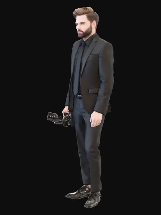 3D model for A stylish professional photographer taking a photo. He is dressed entirely in black: black tailored suit, black shirt, black tie, black leather shoes. He holds a sleek black DSLR camera up to his eye as if capturing a shot. His pose is confident and focused, with one knee slightly bent, body leaning forward. The overall look is modern, minimalist, elegant and professional.