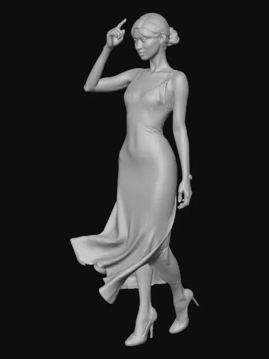 3D model for Photorealistic elegant woman, mid-thirties, slim silhouette, graceful and confident posture, wearing an all-black luxury outfit (evening dress, high heels), refined hairstyle (sleek bun or wavy hair), subtle natural makeup, dancing with fluid movement, one arm slightly raised, the other following the motion, elegant feminine gesture, soft studio lighting, realistic skin texture, high-fashion aesthetic, cinematic look, luxury mood, physically accurate cloth simulation, high-resolution textures, no smiling exaggeratedly, natural expression of joy and grace.