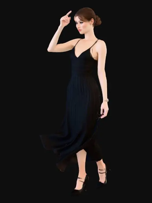 3D model for Photorealistic elegant woman, mid-thirties, slim silhouette, graceful and confident posture, wearing an all-black luxury outfit (evening dress, high heels), refined hairstyle (sleek bun or wavy hair), subtle natural makeup, dancing with fluid movement, one arm slightly raised, the other following the motion, elegant feminine gesture, soft studio lighting, realistic skin texture, high-fashion aesthetic, cinematic look, luxury mood, physically accurate cloth simulation, high-resolution textures, no smiling exaggeratedly, natural expression of joy and grace.