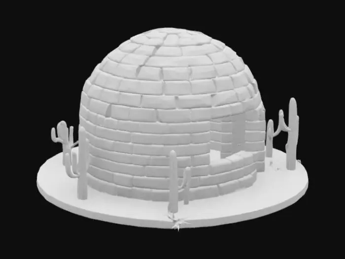 3D model for "A desert igloo made of sandstone bricks. The texture should resemble adobe or desert bricks. It must have only one large rectangular window in the front (not above the door) and only one door in the back. The interior must be hollow so the player can enter. Add a few desert cacti and dry plants around the igloo. Stylized, low poly, game-ready."