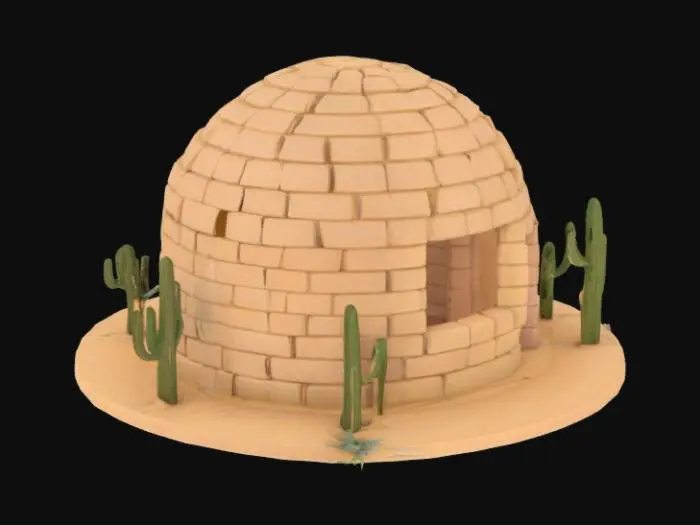 3D model for "A desert igloo made of sandstone bricks. The texture should resemble adobe or desert bricks. It must have only one large rectangular window in the front (not above the door) and only one door in the back. The interior must be hollow so the player can enter. Add a few desert cacti and dry plants around the igloo. Stylized, low poly, game-ready."