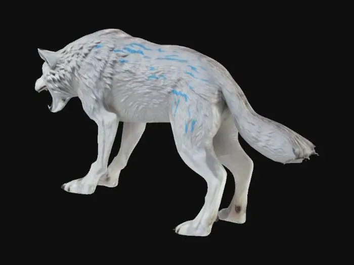 3D model for Wilder blauäugiger wolf/majestätisch/wittert gefahr/Kopf gesenkt/ Zähne flätschen/Schwanz buschig gestreckt/prächtiges Fell/große scharfe Zähne/Narbe übers rechte auge 