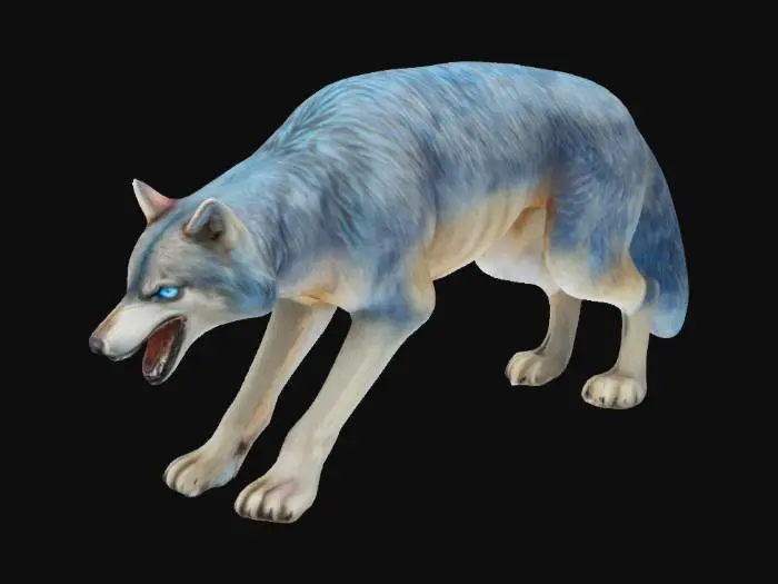 3D model for Wilder blauäugiger wolf/majestätisch/wittert gefahr/Kopf gesenkt/ Zähne flätschen/Schwanz buschig gestreckt/prächtiges Fell/große scharfe Zähne/Narbe übers rechte auge 