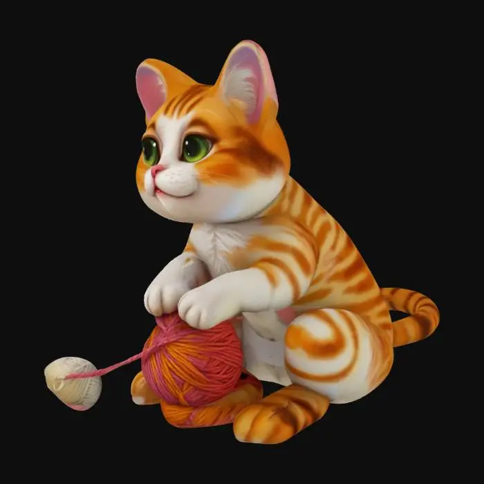 3D model for eine süße cartoonartige Katze mit großen kulleraugen/liegt auf dem Rücken/spielt mit einem Wollgarnball
