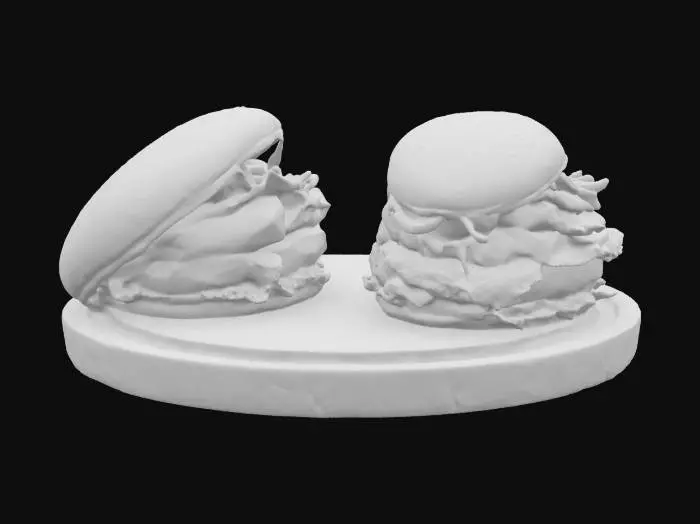 3D model for Two juicy gourmet hamburger, one with double beef patties, cheddar, lettuce, and pickles; the other with crispy fried chicken, coleslaw, spicy mayo, and sesame bun 
