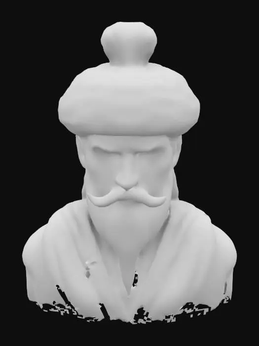 3D model for 3D-rendered bust of a solemn male mongol-Turkish character with sharp, angular features and deep-set eyes.A mediavel mongol hat, 50 years old man.long turkısh mustache depth and mystery to his appearance. His symmetrical face emphasizes his noble and enigmatic presence. The art style is semi-realistic with a painterly, sculpted look, characterized by smooth shading and soft lighting. The color palette consists of warm earth tones.