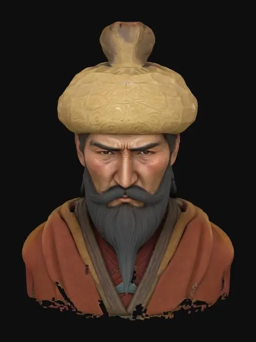 3D model for 3D-rendered bust of a solemn male mongol-Turkish character with sharp, angular features and deep-set eyes.A mediavel mongol hat, 50 years old man.long turkısh mustache depth and mystery to his appearance. His symmetrical face emphasizes his noble and enigmatic presence. The art style is semi-realistic with a painterly, sculpted look, characterized by smooth shading and soft lighting. The color palette consists of warm earth tones.