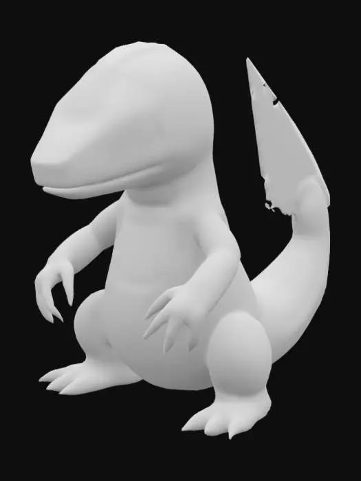 3D model for post-apocalyptic pokemon robot model, robot charmander in the style of Takahide Hori, Phil Tippett, Guillermo del Toro and Tim Burton, Highly Detailed, Full Body, A-pose. Unarmed, red yellow