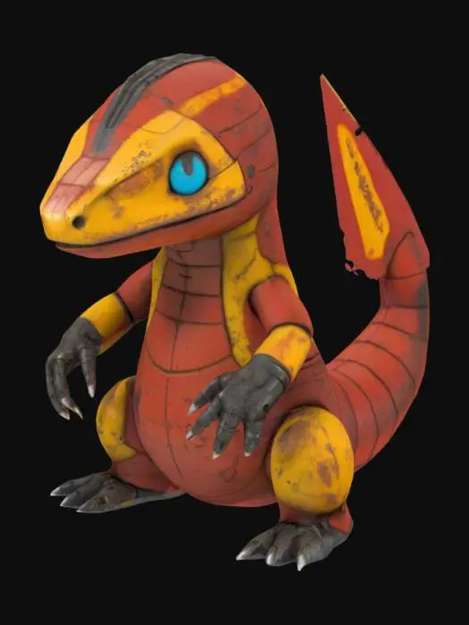 3D model for post-apocalyptic pokemon robot model, robot charmander in the style of Takahide Hori, Phil Tippett, Guillermo del Toro and Tim Burton, Highly Detailed, Full Body, A-pose. Unarmed, red yellow