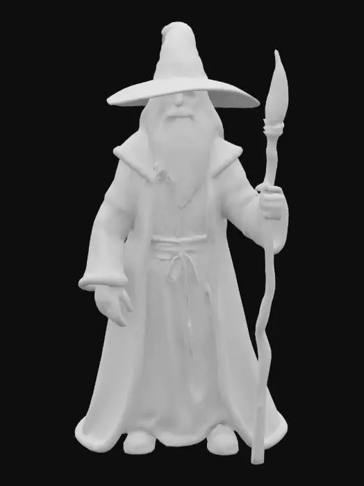 3D model for LOTR Gandalf, fantasy old gandalf mage, leaning on a crooked staff with a beautiful energy crystal, gloomy face but bright eyes, extremely detailed, high sharp resolution texture, epic stance