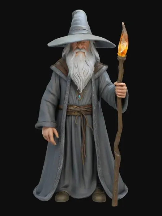3D model for LOTR Gandalf, fantasy old gandalf mage, leaning on a crooked staff with a beautiful energy crystal, gloomy face but bright eyes, extremely detailed, high sharp resolution texture, epic stance