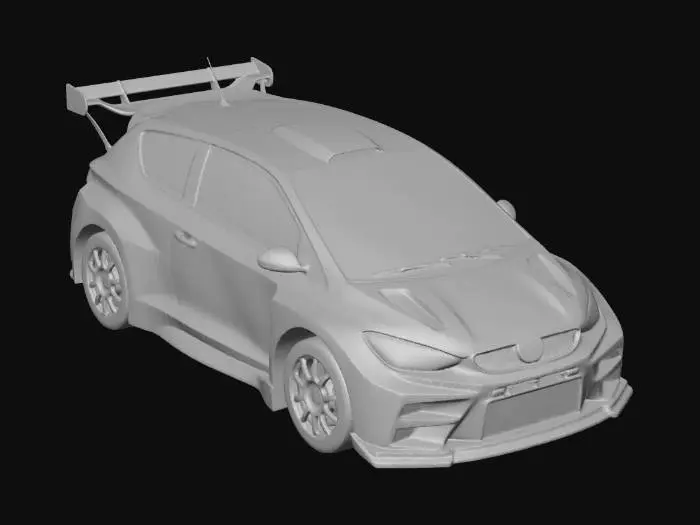 3D model for ralli yarış arabası, çamurlukları karizmatik farları belli ve camları saydam, hatchback, yumuşak çizgiler