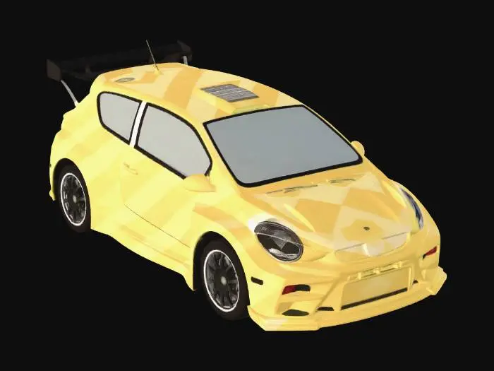 3D model for ralli yarış arabası, çamurlukları karizmatik farları belli ve camları saydam, hatchback, yumuşak çizgiler