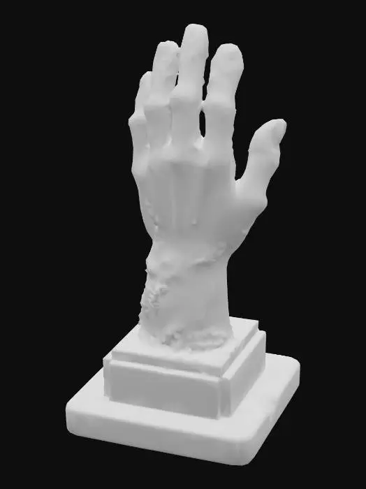 3D model for generate me a Giant statue of a hand reaching out on a pedestal. Intricate details, realistic, imposing, worn, overgrown, moss in the cracks of the statue
