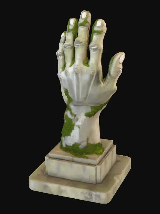 3D model for generate me a Giant statue of a hand reaching out on a pedestal. Intricate details, realistic, imposing, worn, overgrown, moss in the cracks of the statue
