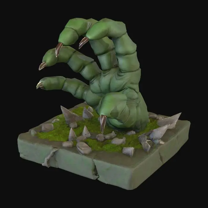3D model for generate me a realistic monster hand made out of rock reaching out of a pedestal