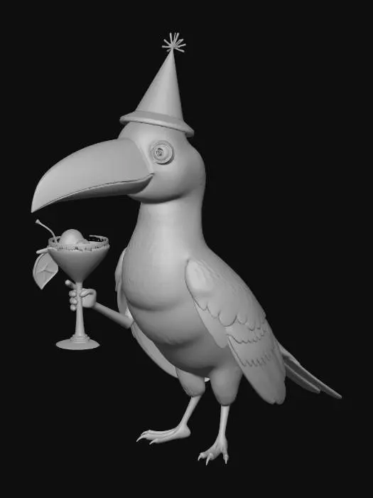 3D model for Klein vogeltje met een grote snavel en lange staart. Blij met een feesthoed op. en een coctail vasthoudend met zijn vleugel