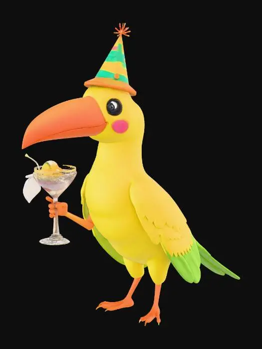 3D model for Klein vogeltje met een grote snavel en lange staart. Blij met een feesthoed op. en een coctail vasthoudend met zijn vleugel