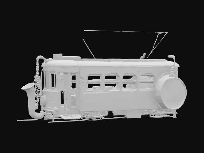 3D model for [New Orleans] Zabytkowy odrestaurowany tramwaj sunący po tętniących życiem ulicach Nowego Orleanu, ale z surrealistycznym muzycznym akcentem. Styl: Stylizowany, lekko-bajkowy dokładny, ultrarealistyczny, jakość fotografi 4k. Tramwaj ozdobiony duzymi instrumentami muzycznymi. Gigantyczne bębny, skręcone mosiężne saksofony, trąbki .  Atmosfera oddaje ducha legendarnej sceny muzycznej Nowego Orleanu. Światło HDR odbijające się od polerowanych instrumentów tworzy oniryczną, muzyczną paradę przez miasto, #AroundTheWorld#