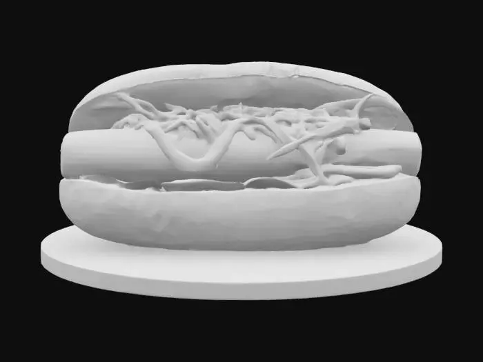 3D model for Hot dog, realistycznie wyglądający, z ketchupem w zygzag wzdluz parówki, oraz surówka i kilka plasterkow pomidora
