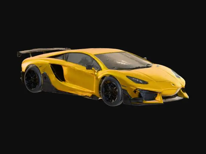 3D model for Lamborghini, żółty polerowany lakier, przyciemniane szyby, czarne lśniące felgi "skorpiony" , bodykit poszerzający karoserie i nadający agresywny styl i charakter sportowe u autu. ultrarealistyczna tekstura 8k