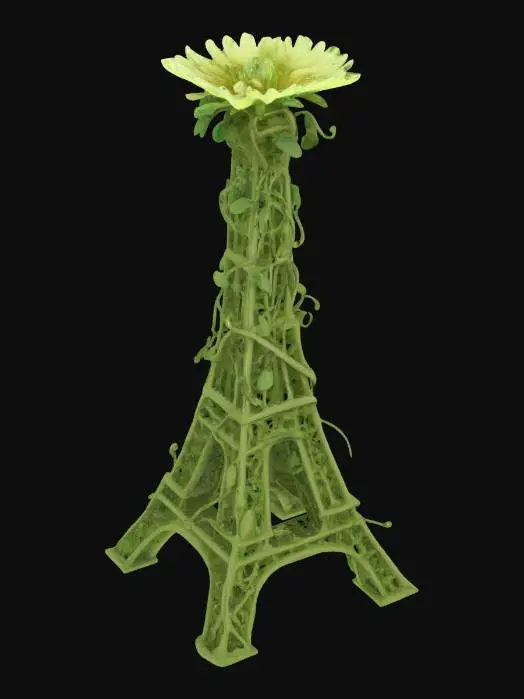 3D model for [Paris] Create a 3D model of the Eiffel Tower reimagined as a levitating organic structure. The tower's general lattice form is preserved, but instead of steel beams, it is made of thick, twisting green vines. The vines are interwoven tightly, creating a dense, textured surface with occasional budding leaves. The legs of the tower do not touch the ground, and the entire structure floats gracefully above an invisible base. Toward the top, the structure transitions into a giant flower-like cup, with soft, petal-shaped extensions curling outward. The vines at the summit are thinner and more delicate, forming an elegant natural crown that opens toward the sky. #AroundTheWorld#