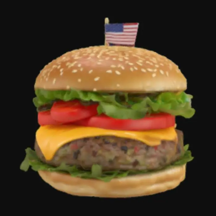 3D model for [USA] Hamburger z soczystym i grubym kawałkiem mięsa z którego aż kąpię tłuszcz. Gruby roztopiony plaster sera, mieszanka sosów, 2 duże plastry pomidora, plastry kiszonego ogorka, i chrupiący liść sałaty, w górną część bułki z ziarnami jest wbita mała flaga Usa. Wyraźne textury, realistyczne dokładne, fotorralistyczne, #AroundTheWorld#