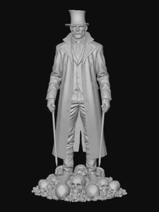 3D model for #villain# i want a human male in a top hat, mask, trench coat and slacks. only different colored eyes should be exposed. one red one blue. His outfit, hat and mask should be made of stitched flesh. He should be holding a  ritualistic daggers, standing on a pile of skulls and bones