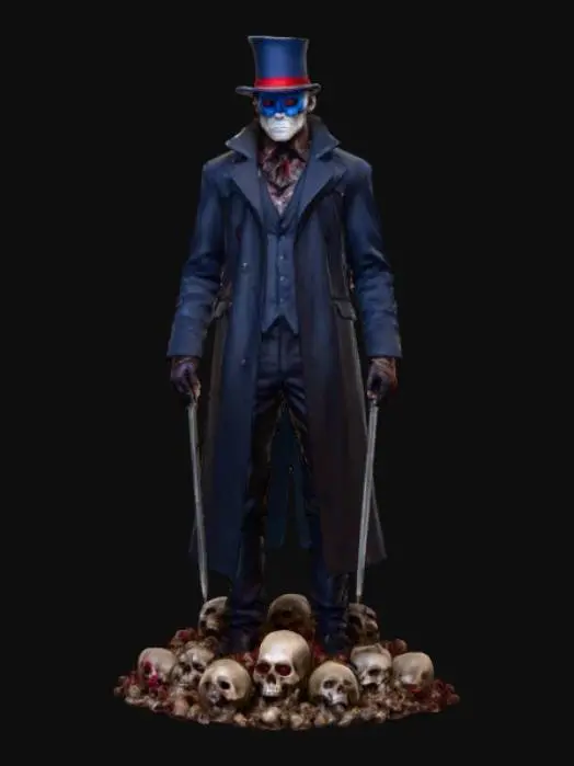 3D model for #villain# i want a human male in a top hat, mask, trench coat and slacks. only different colored eyes should be exposed. one red one blue. His outfit, hat and mask should be made of stitched flesh. He should be holding a  ritualistic daggers, standing on a pile of skulls and bones
