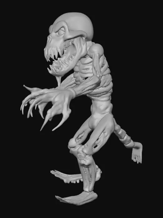 3D model for #Halloween2025#, a horror type animatronic whit long sharp teeth and long sharp claws whit blood inside of his mouth and whit human like eyes inside of his suit