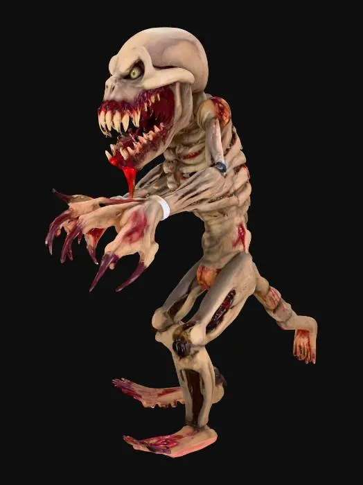 3D model for #Halloween2025#, a horror type animatronic whit long sharp teeth and long sharp claws whit blood inside of his mouth and whit human like eyes inside of his suit